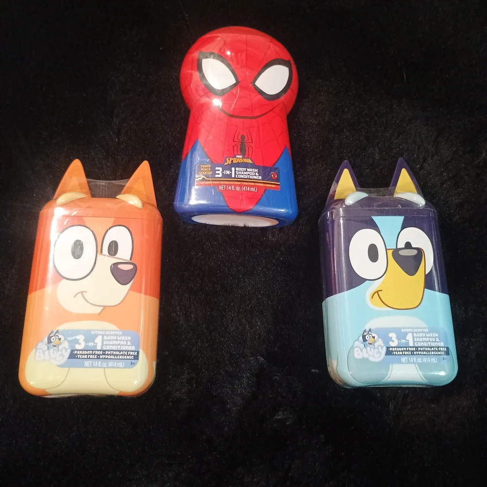 New Set Of 3 Spider-Man Bluey Bingo Kids Bath Body Wash Shampoo Conditioner